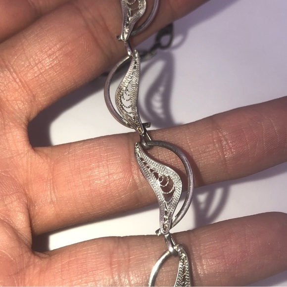 VTG Sterling Silver Filigree Leaf Link Bracelet Hook Clasp 7.5” - Picture 4 of 6